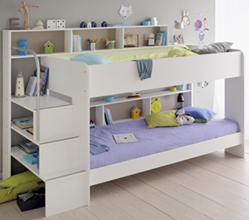 90x200 Kinder Etagenbett Weiß/grau mit Bettkasten Treppe und Geländer - 5