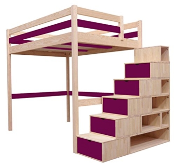 Hochbett Sylvia 90 x 200 + Treppe Cube Kinder Holz natur lackiert Pflaume - 1