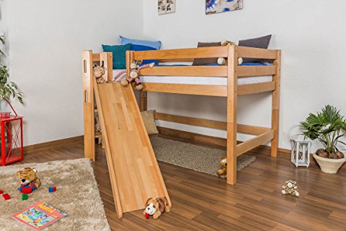 Kinderbett Hochbett Samuel Buche Vollholz massiv mit Rutsche natur inkl