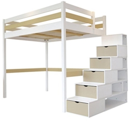 Hochbett Sylvia 120 x 200 + Treppe Cube 2 Sitzer Holz weiß Moka - 1
